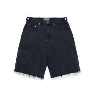 Black Mono Cotton Wreath Denim Shorts