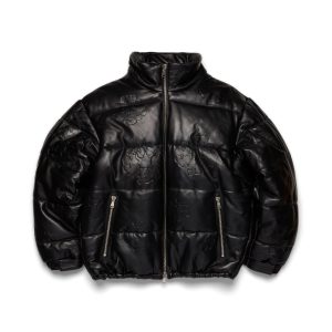 Embossed Leather Wreath Puffer Black